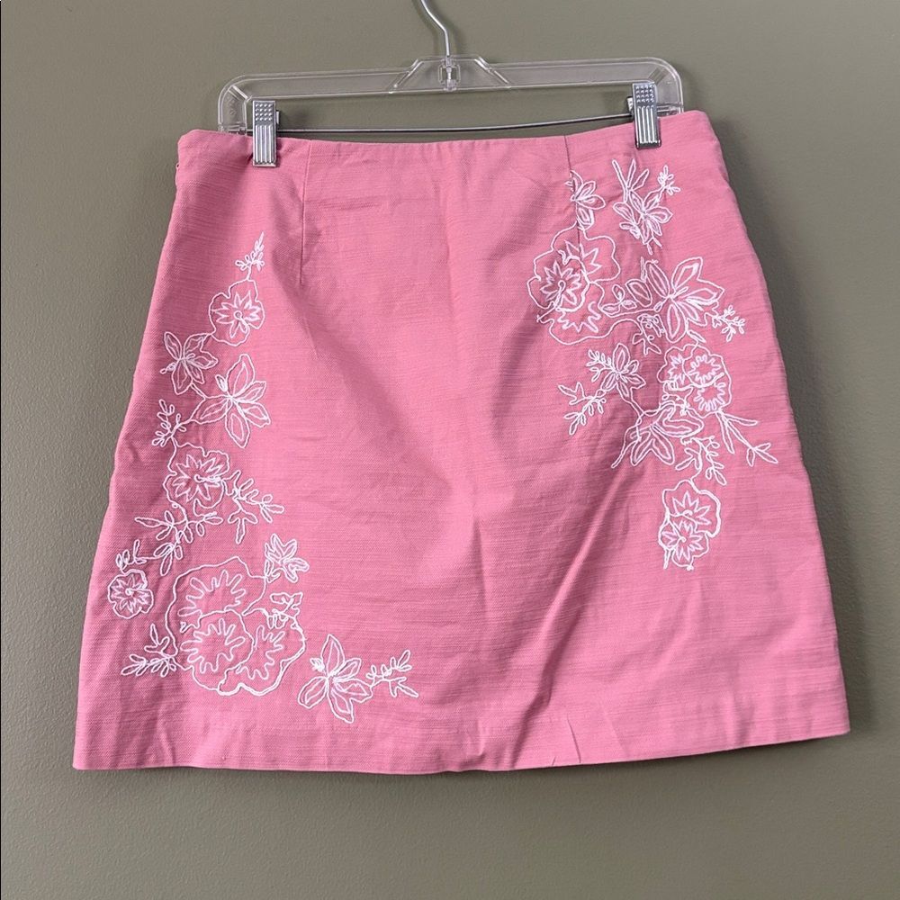 Loft Baby Pink White Floral Embroidered Shift Pencil Cotton Blend Skirt Sz 10 - Picture 4 of 5